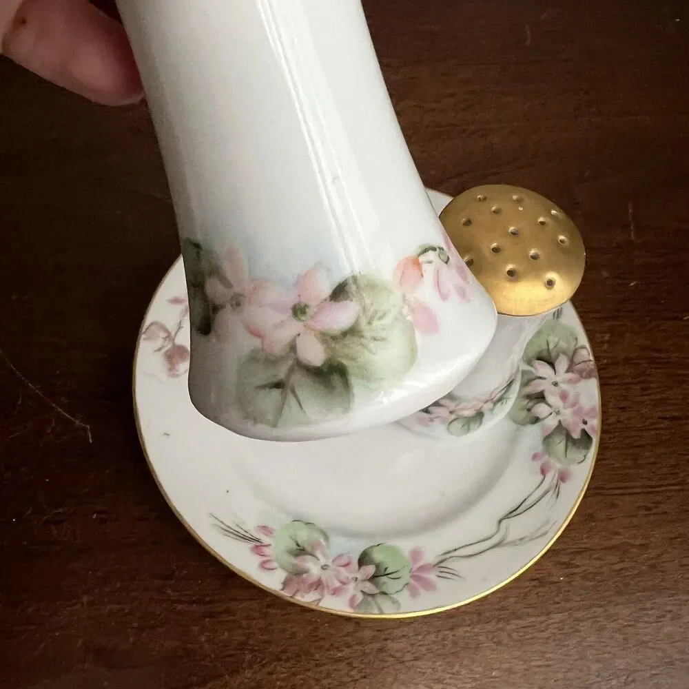 O & EG Royal Austria Salt Pepper Shakers Hand Painted Signed Pink Floral F